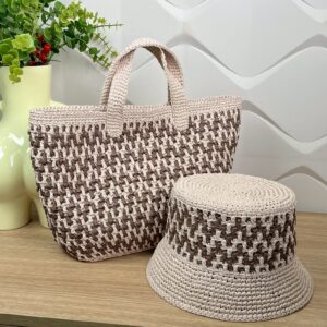 BundleZigzagBrown1 Комплект Zigzag Set - сумка та панама з рафії з зигзагоподібним візерунком